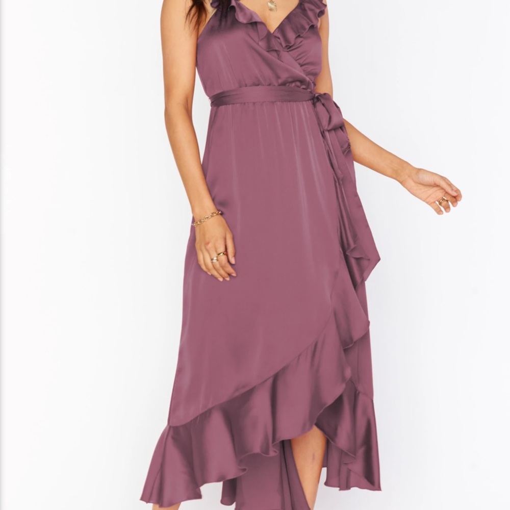 Show me Your Mumu Samantha Wrap Dress Dusty Plum Luxe Satin